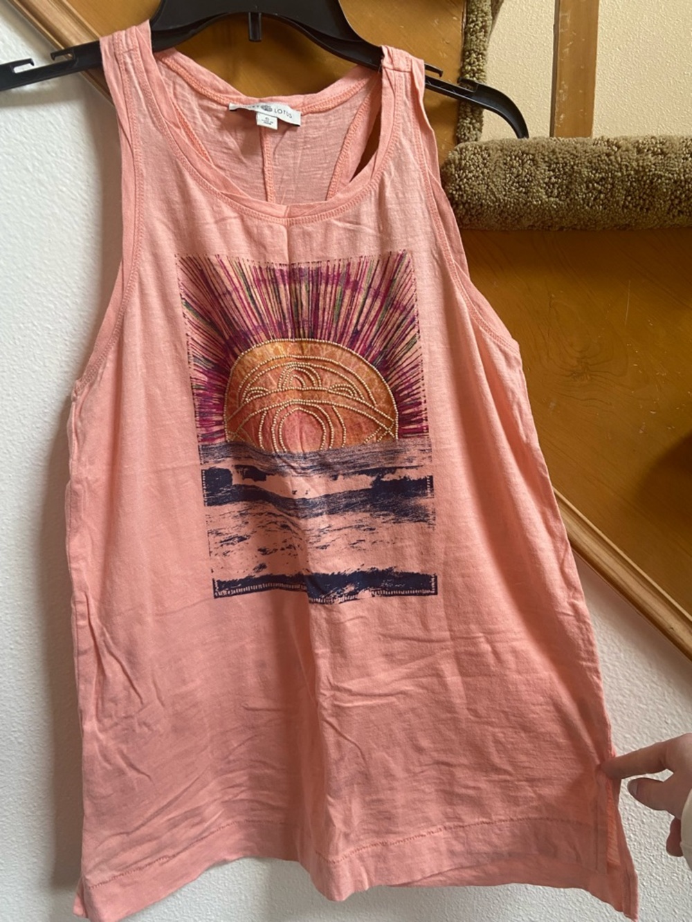 NWOT Lucky Lotus Coral Tank Sunset Print Beaded Design, sz S